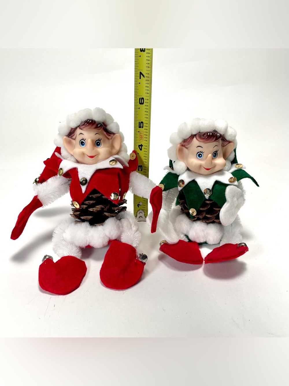Vintage Pinecone Christmas Elf Pixie Figures Set of 2 Retro Jingle Bell Decor - Picture 7 of 7